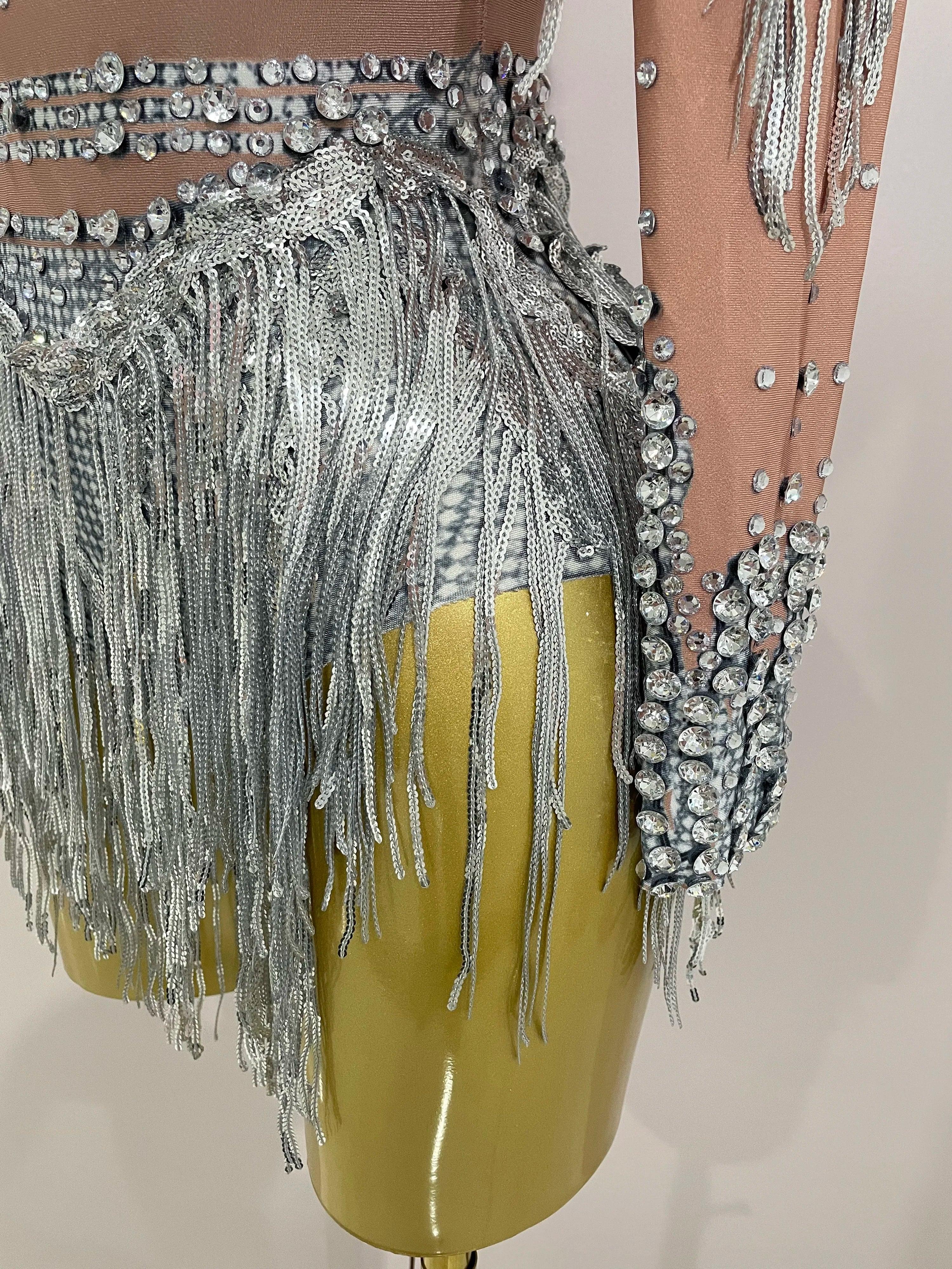 Chambersburg Sparkly Rhinestone Sequin Tassel Stretch Jumpsuit