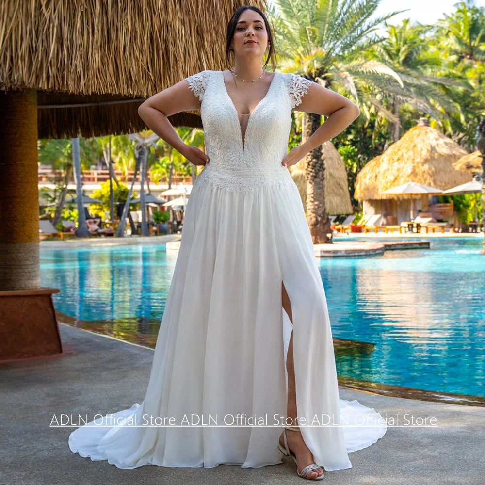 La Verda Plus Size Wedding Sexy Cap Sleeve V Neck Lace Sweep Train Split Dresses