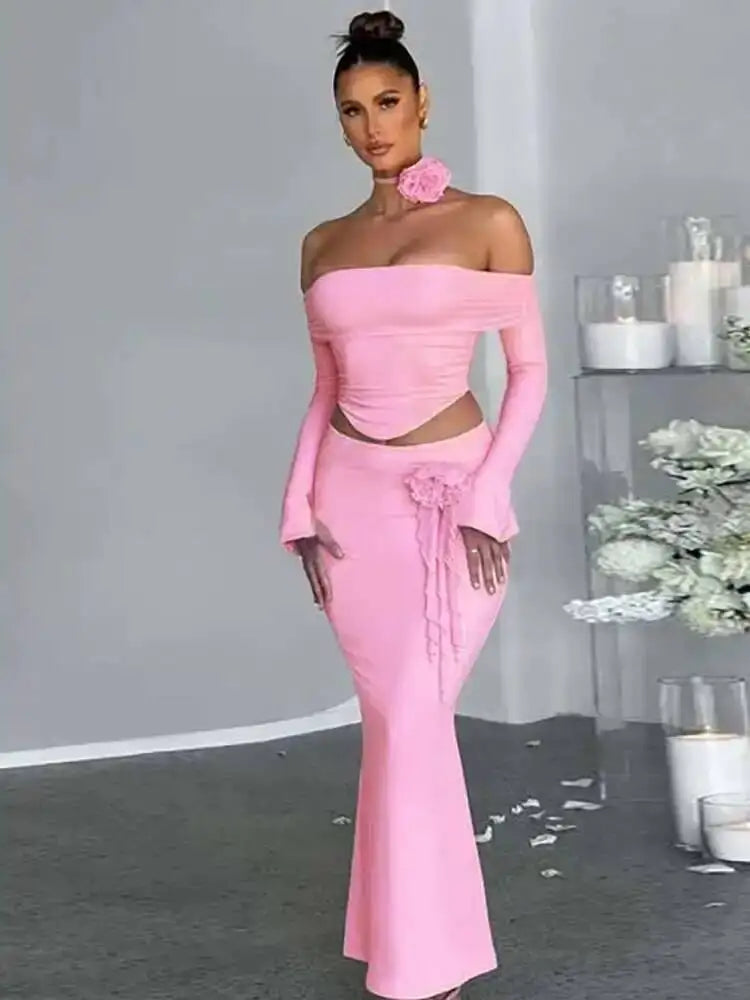 Greyci Strapless Pleat Flower Sexy Two Piece Sets