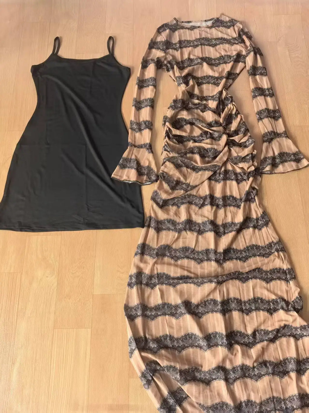 Kansas City Flare Full Sleeve Wave Striped Ruched Stacked Bodycon Long Maxi Dress