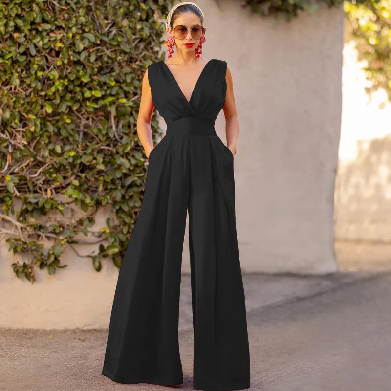 Slim Jumpsuit Women Slim Fits Sleeveless Tank Tops Rompers Jumpsuits V-neck Sexy High Waist Straight Wide Leg Pants Jumpsuits
