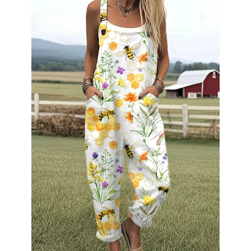 Summer Floral Romper Overalls Breathable & Comfortable Women's Jumpsuit with Pockets Adjustable Straps Romper for Streetwear