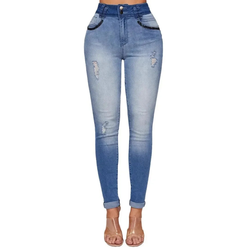 Albany Elastic Slimming, Hip-lifting High-waisted Gradient Casual Ripped Skinny Jeans