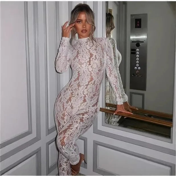 Sexy Lace Jumpsuit For Women Sexy See-Through Long Sleeve Back Zip Bodysuit Rompers Outfit Fashion Hipster High-waisted Jumpsuit