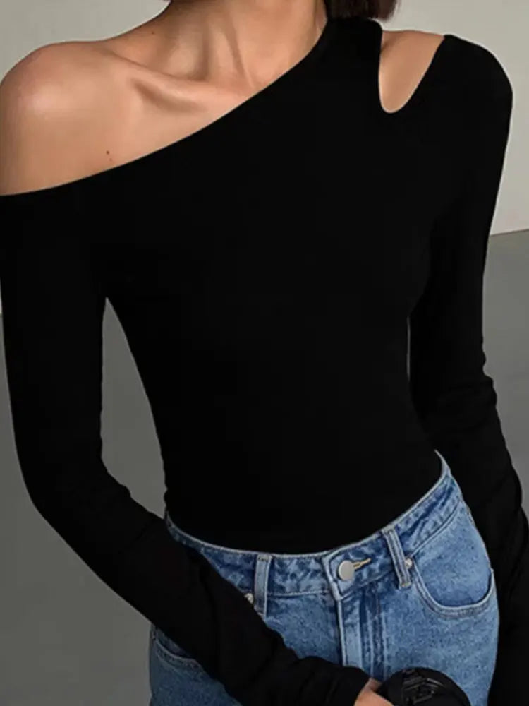 Union City Skew Collar Off Shoulder Long Sleeved T Shirts New Solid Slim Fit Crop Top