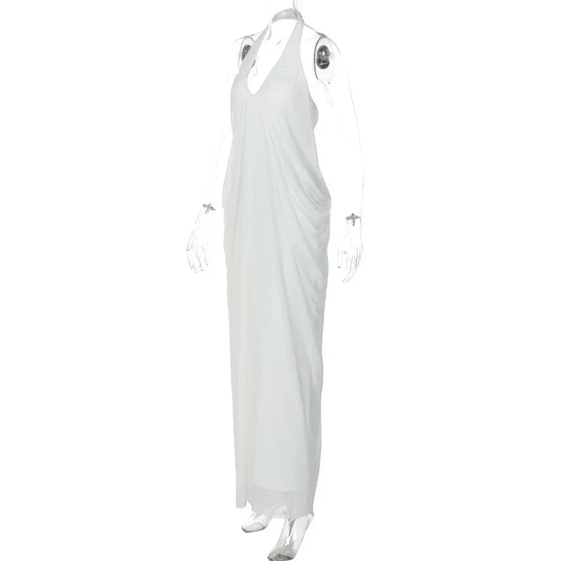 Elkins Mesh Halter Backless Sexy Gown Fashion Elegant V Neck Sleeveless Maxi Dress