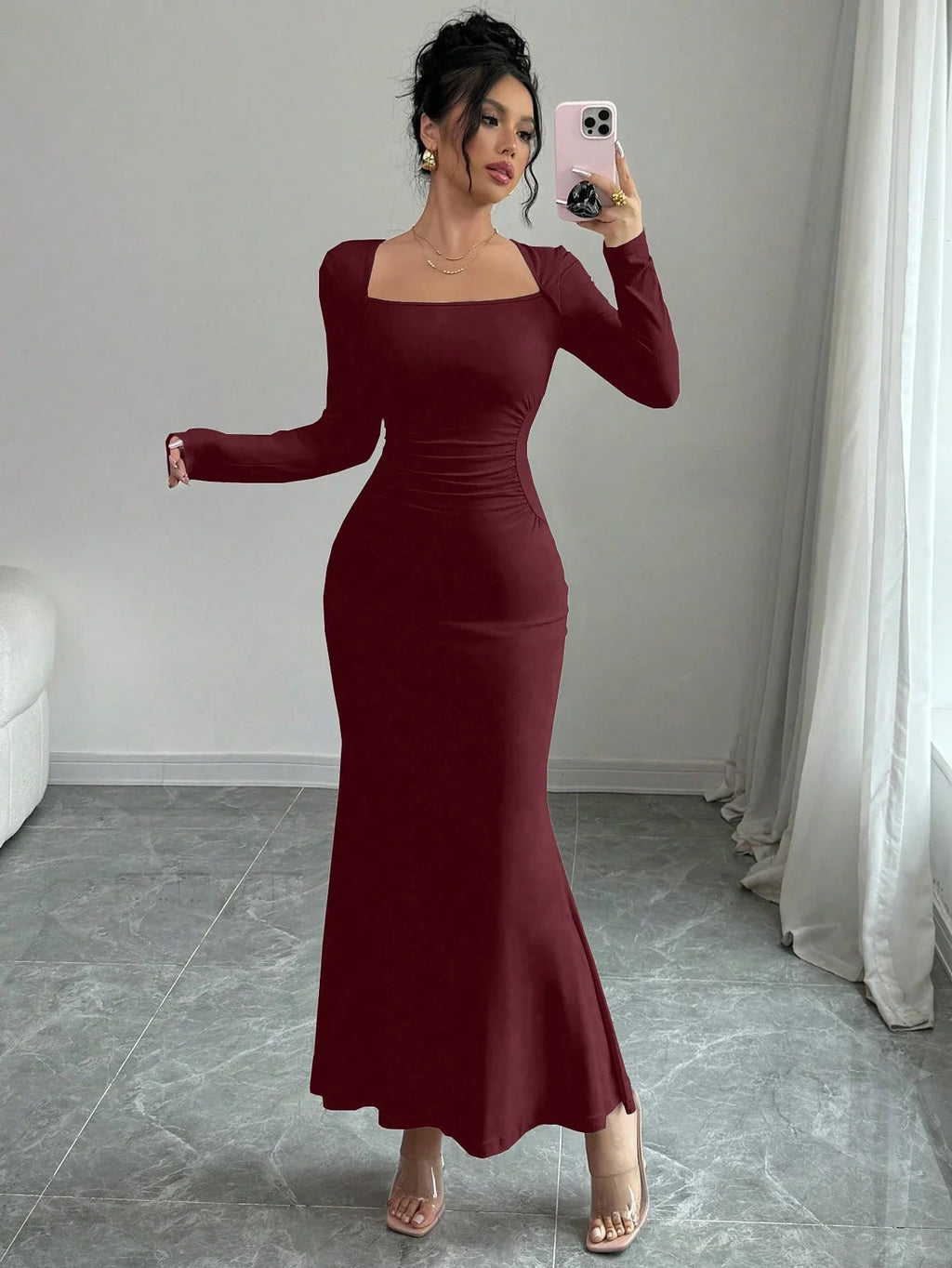 Nisao Four Seasons New Style Elegant Temperament Retro Solid Color Square Long Dress