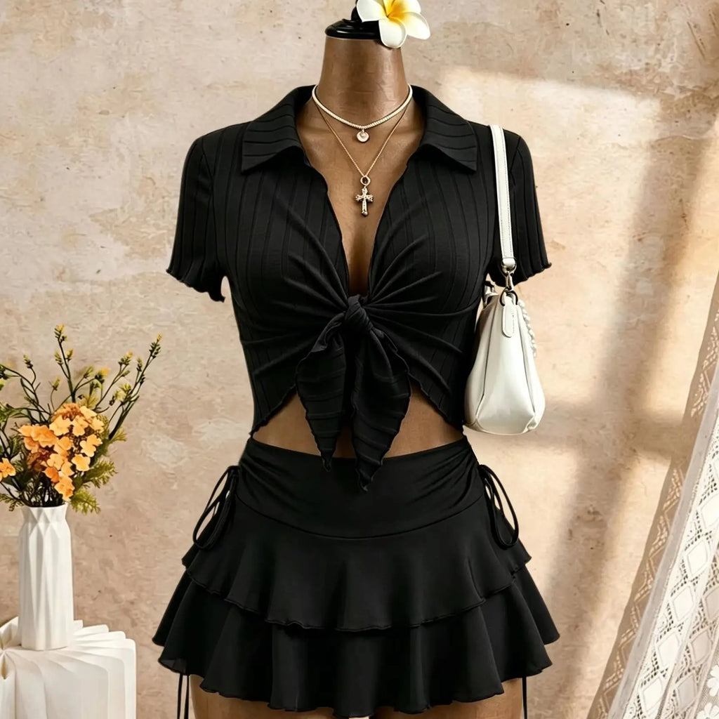 Adriana Ribbed Polo Collar Front Tie Two Piece Sets