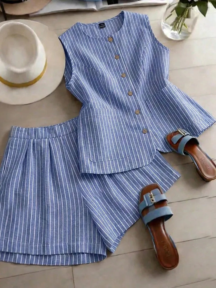 Yudy Summer New Striped Sleeveless Two Piece Sets