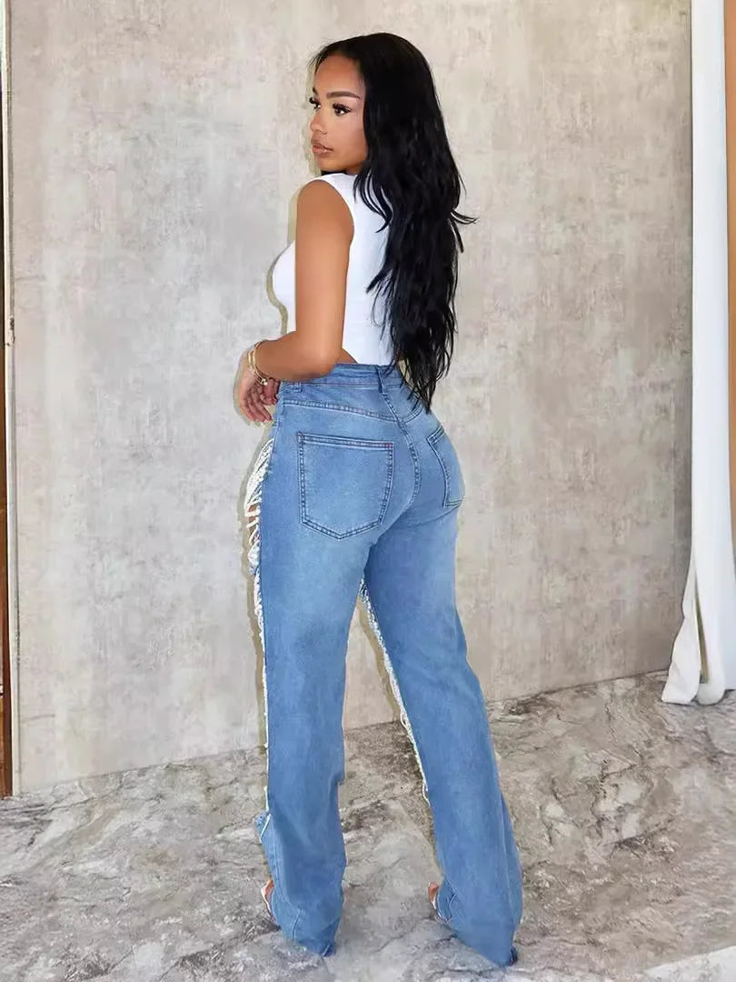 Manalapan Shiny Jeans Pearls High Waist Elegant Hollow Out Beading Denim