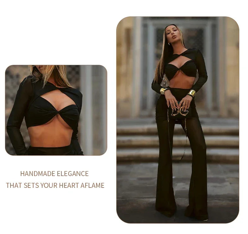 Williamsburg Mesh Fashion Street Wear Hollow Out Design Crop Set