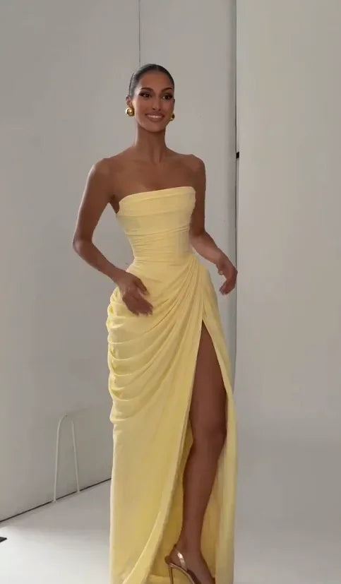 Tapansee Solid Sexy Pleated Strapless Off Shoulder Backless High Waist Split Maxi Dress