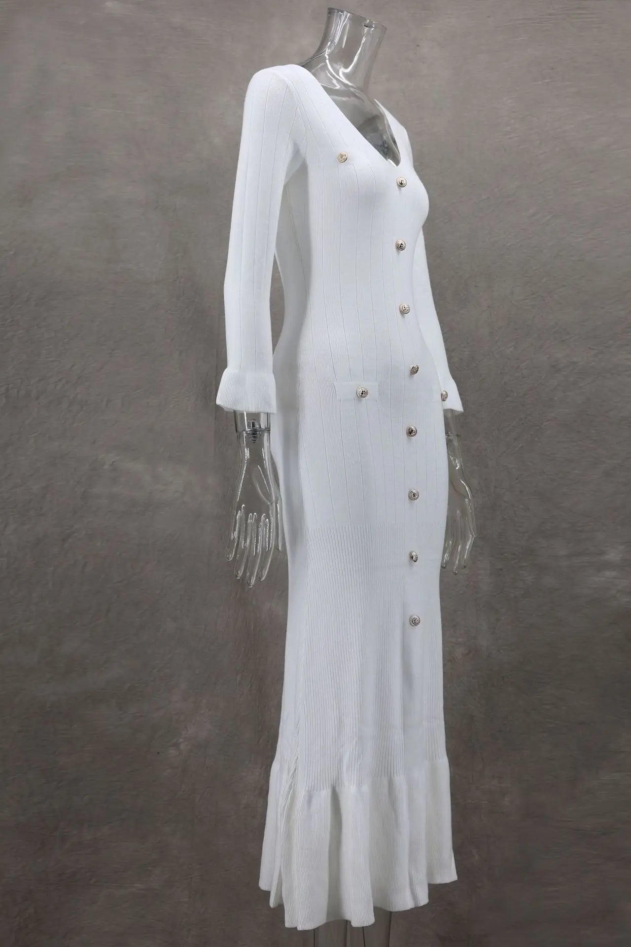 Tennessee Elegant Knitted Fashion V Neck Long Sleeves Slim Buttons Solid Color Long Dress
