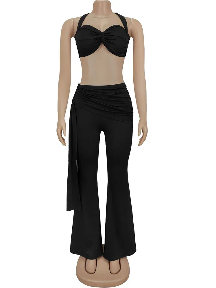 Oneonta Long Straps Wide Legs Ruched Metal Tracksuits Two Piece Set