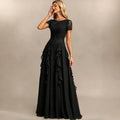 Dumbo Asymmetrical Neck Chiffon Bridesmaid Lace Sleeve Ruched Waist Cascading Dress
