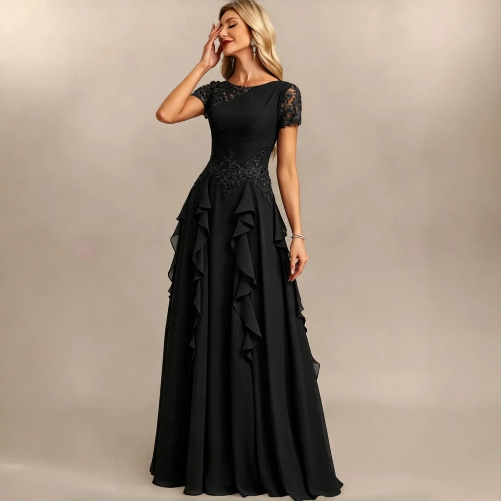 Dumbo Asymmetrical Neck Chiffon Bridesmaid Lace Sleeve Ruched Waist Cascading Dress