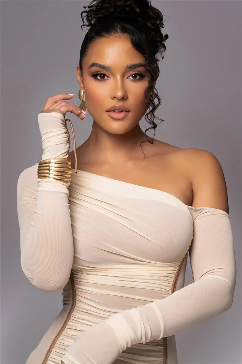 Dyker Heights Diagonal Collar Long Sleeve Mesh Backless Ruched Bodycon Midi Dress