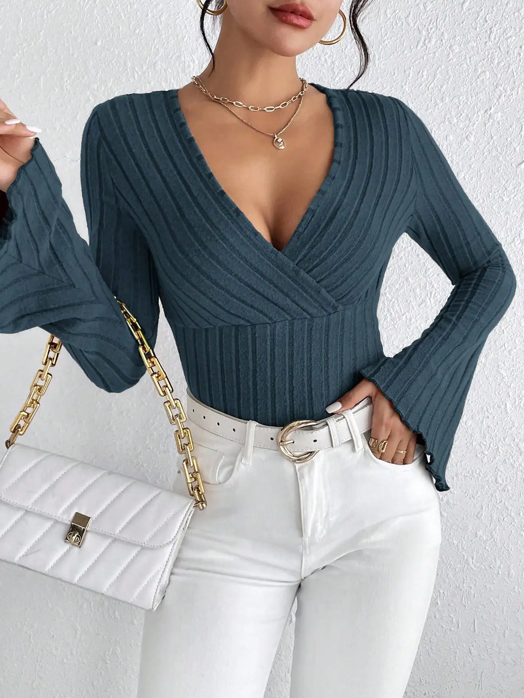 Uranus Long Sleeved V Neck Slim Striped Long Sleeved Knitted Tops