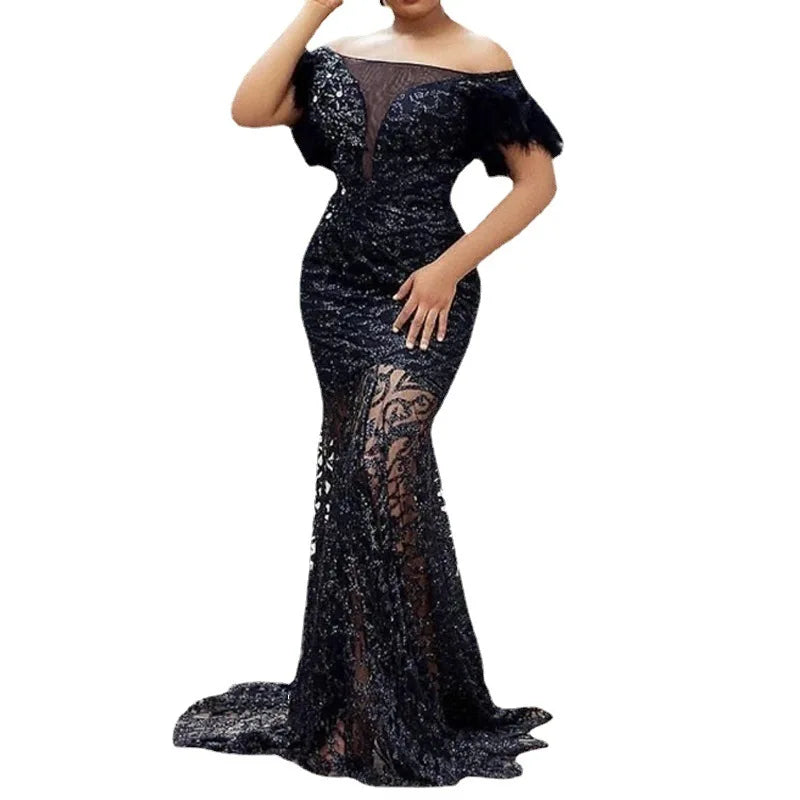 Syracuse One line Shoulder Sequin Slim Fit Bag Hip Mermaid Evening Dress