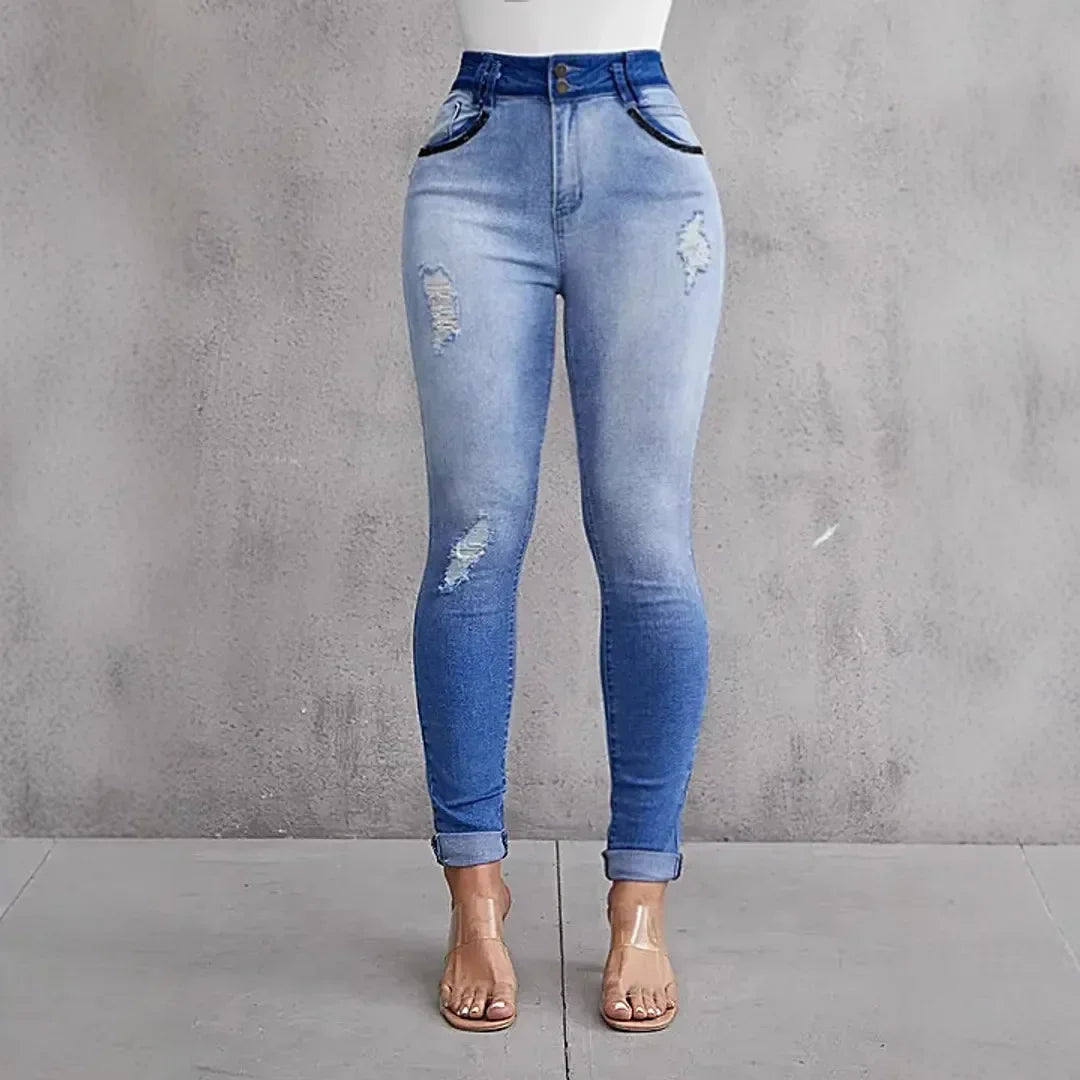 Albany Elastic Slimming, Hip-lifting High-waisted Gradient Casual Ripped Skinny Jeans