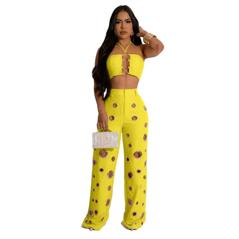 Beacon Falls Sleeveless Strapless Wide Leg Hole Hollow Out Two Piece Set
