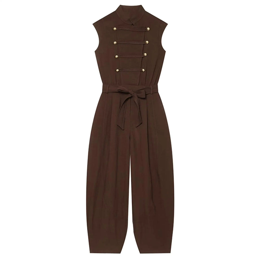 Women Long Jumpsuit 2026 Sleeveless Playsuits Elegant Solid Color Rompers Casual Stand Collar Belt Fashion Commuting Outfit