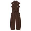 Women Long Jumpsuit 2026 Sleeveless Playsuits Elegant Solid Color Rompers Casual Stand Collar Belt Fashion Commuting Outfit