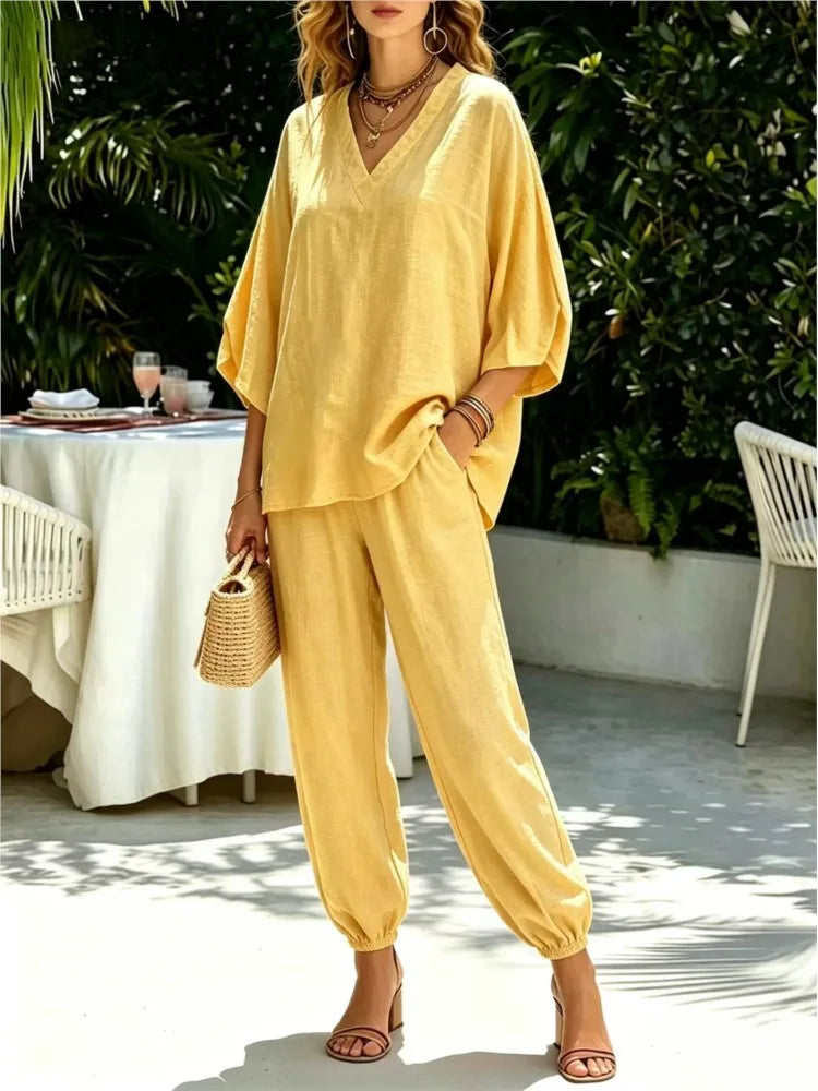 Bianca Loose Batwing Sleeve V Neck Two Piece Sets