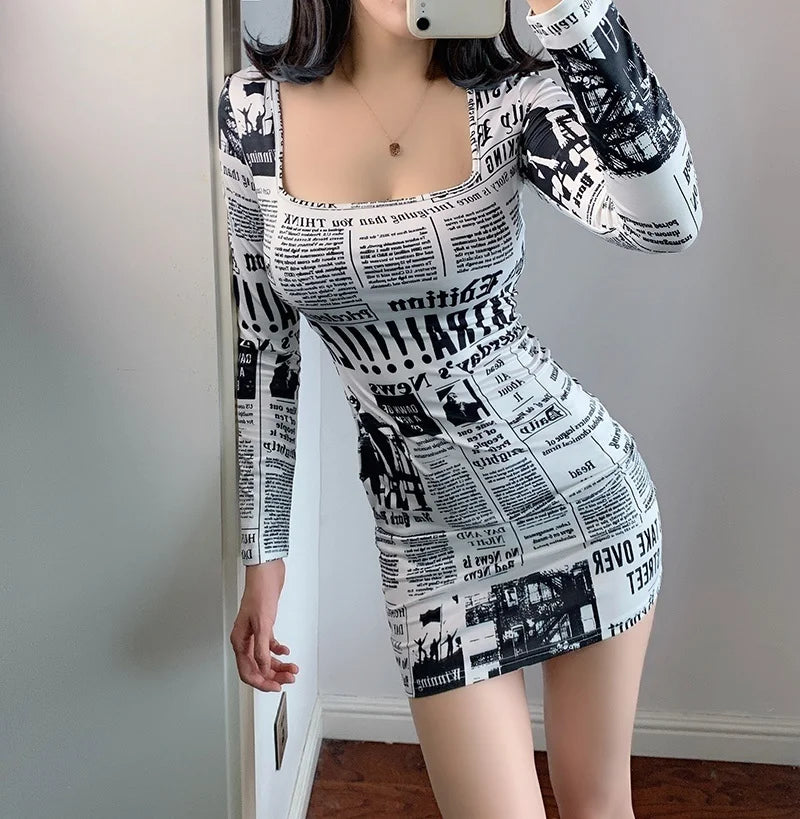 Amazonia Printed Newspaper Sexy New Fashion Street Shooting Slim Mini Dress