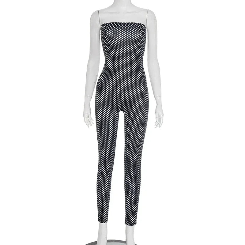 Cobble hill Polka Dot Print Strapless Skinny Midnight Tight Stretch Workout Activity Jumpsuit