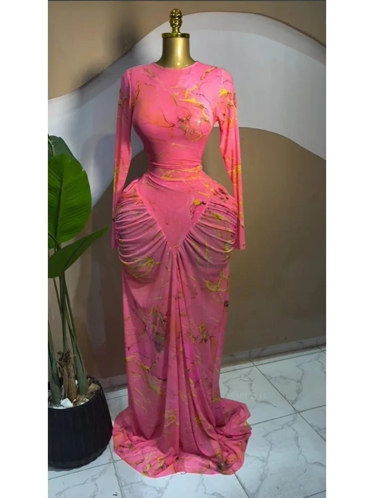 Kissimmi Tie Dye Printed Stacked Ruched Long Sleeve Bodycon Maxi Long Dress