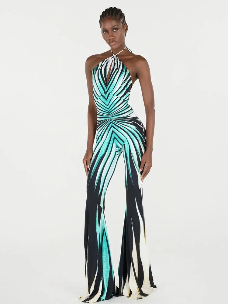 Hawthorne Halter Bandage Hollow Out Striped Skinny Flare Streetwear Rompers