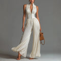 Jumpsuits Women Chiffon Rompers Summer Sleeveless Stand Collar Front Zip Slim Waist‑cinched Vacation Jumpsuits Women's Clothing