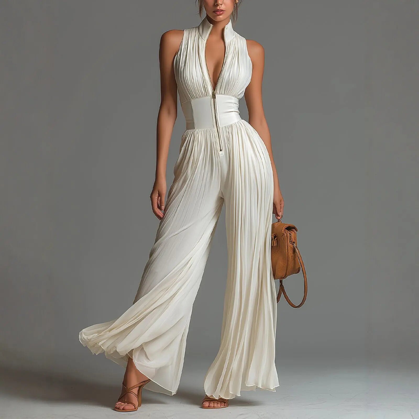 Jumpsuits Women Chiffon Rompers Summer Sleeveless Stand Collar Front Zip Slim Waist‑cinched Vacation Jumpsuits Women's Clothing