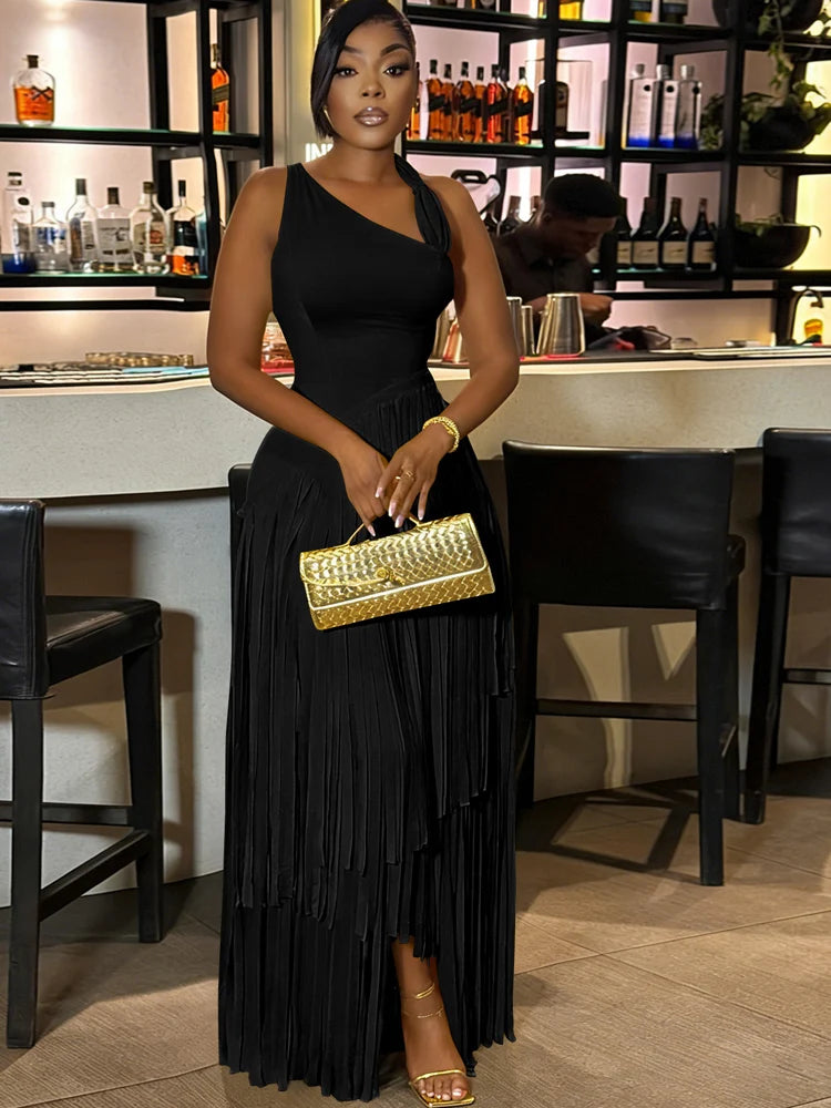 Sexy One Shoulder Red Tassel Dress Luxury Sleeveless Fringe Maxi Dress