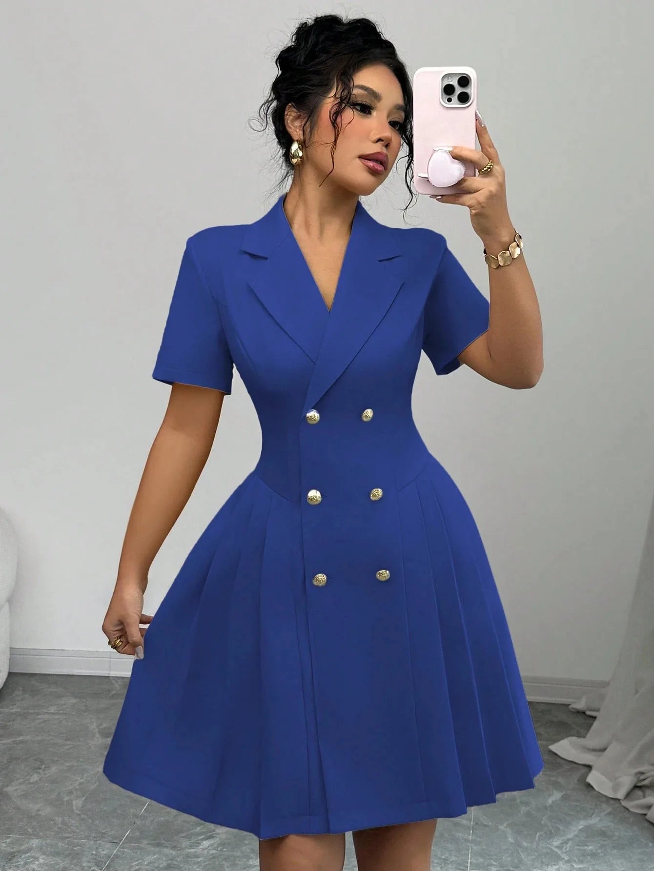 All Ways Solid Color Notched Lapel Double Breasted Short Sleeve Slim Midi Dress