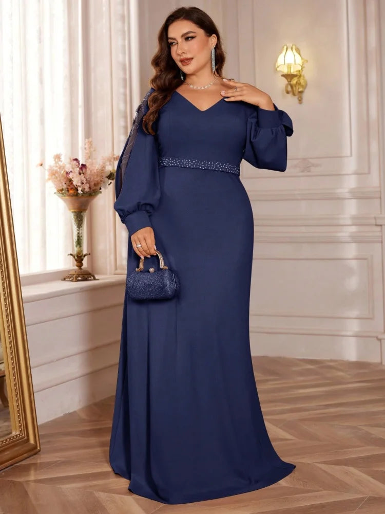 Cuba Plus Size Luxury V-Neck Blue Long Sleeves Sequins Formal Evening Dress