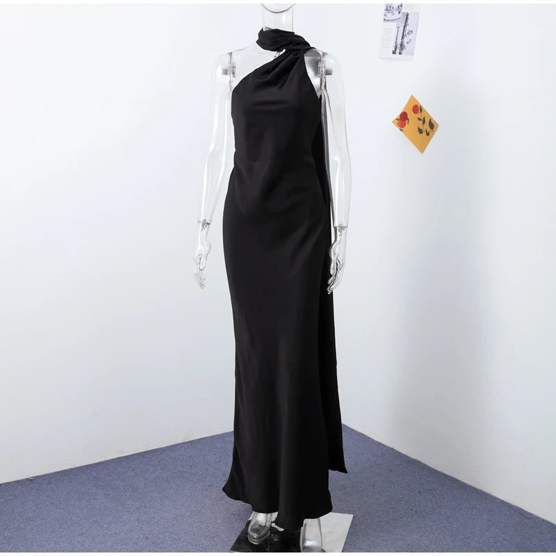 Califon Sexy Satin Ribbon Party Elegant Halter Backless Off Shoulder Sleeveless Maxi Dress
