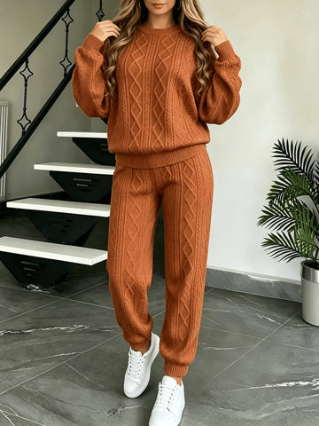 Wanda Cable Knit O‑Neck Long Sleeve Two Piece Sets