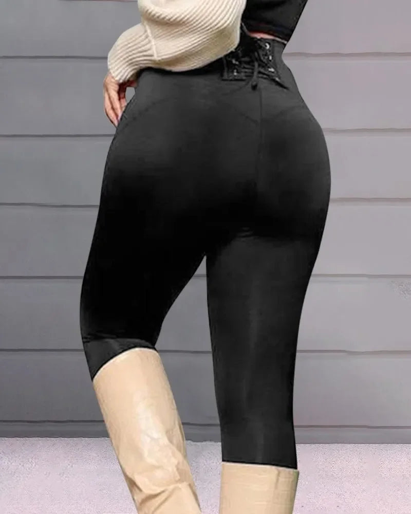 Beaver Lake High Waist Lace-Up Eyelet Casual Plain Skinny Daily Long Trousers
