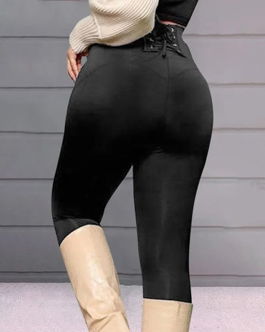 Beaver Lake High Waist Lace-Up Eyelet Casual Plain Skinny Daily Long Trousers