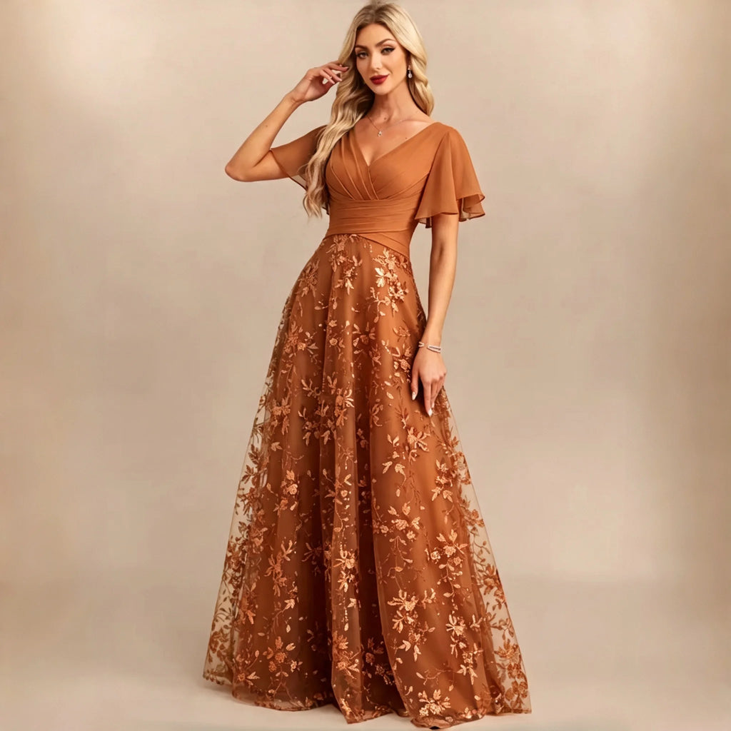 Neiba Dark Green V Neck Chiffon Flutter Sleeve Bridesmaid Ruched Waist Floral Sequin Dress