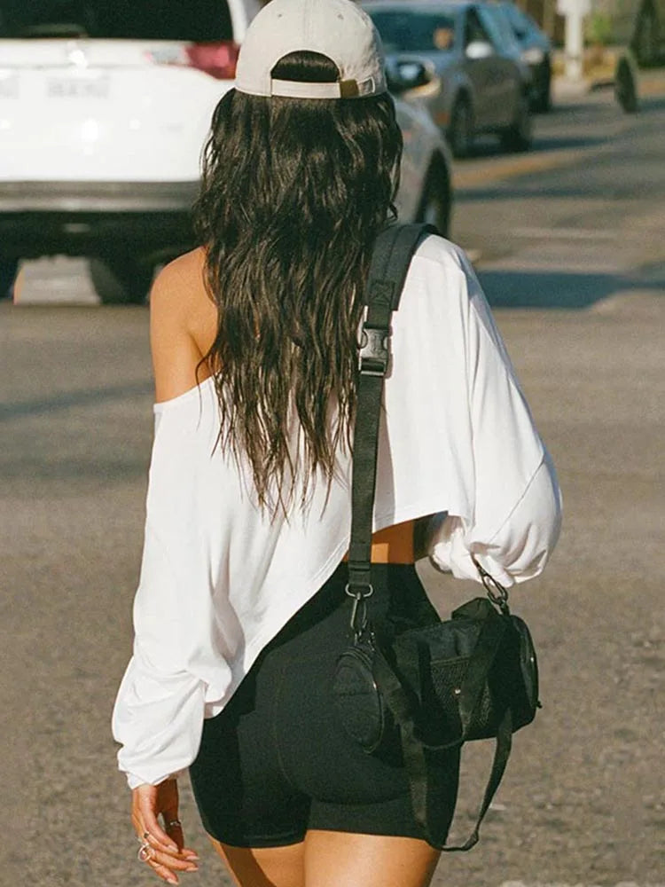 Mercury Streetwear Off Shoulder Crop White Long Sleeve Loose Tops