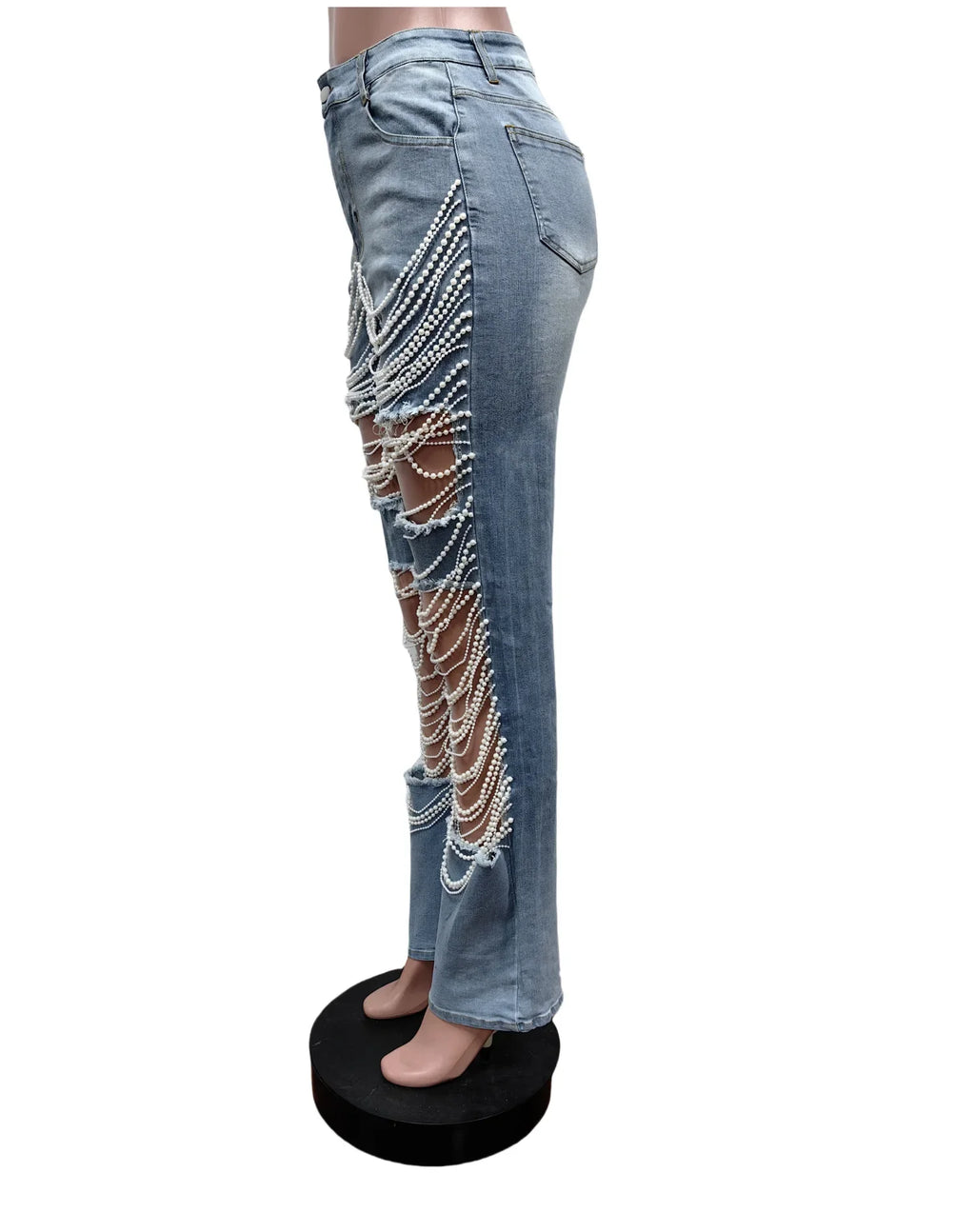 Manalapan Shiny Jeans Pearls High Waist Elegant Hollow Out Beading Denim