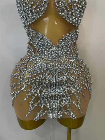 Elmira Rhinestones Sexy Mesh See Through Dress Party Evening Dress