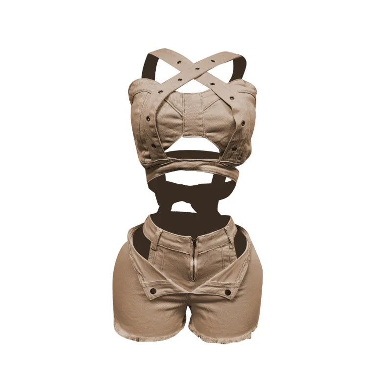 Temblant Straps Crop Cut Out Clothes Streetwear Two Piece Club Outfits Set