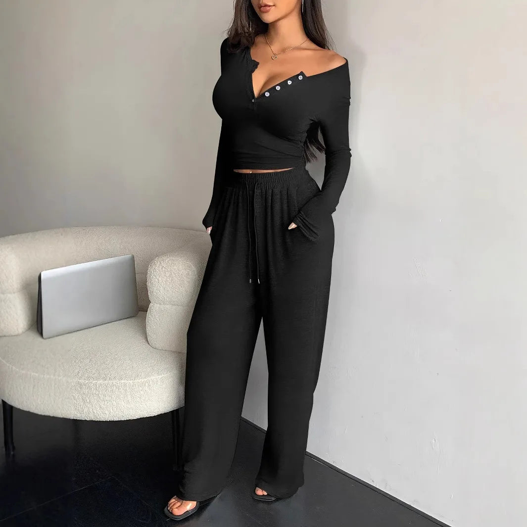 Leah V-neck Long-sleeved Trousers Two-piece Sets