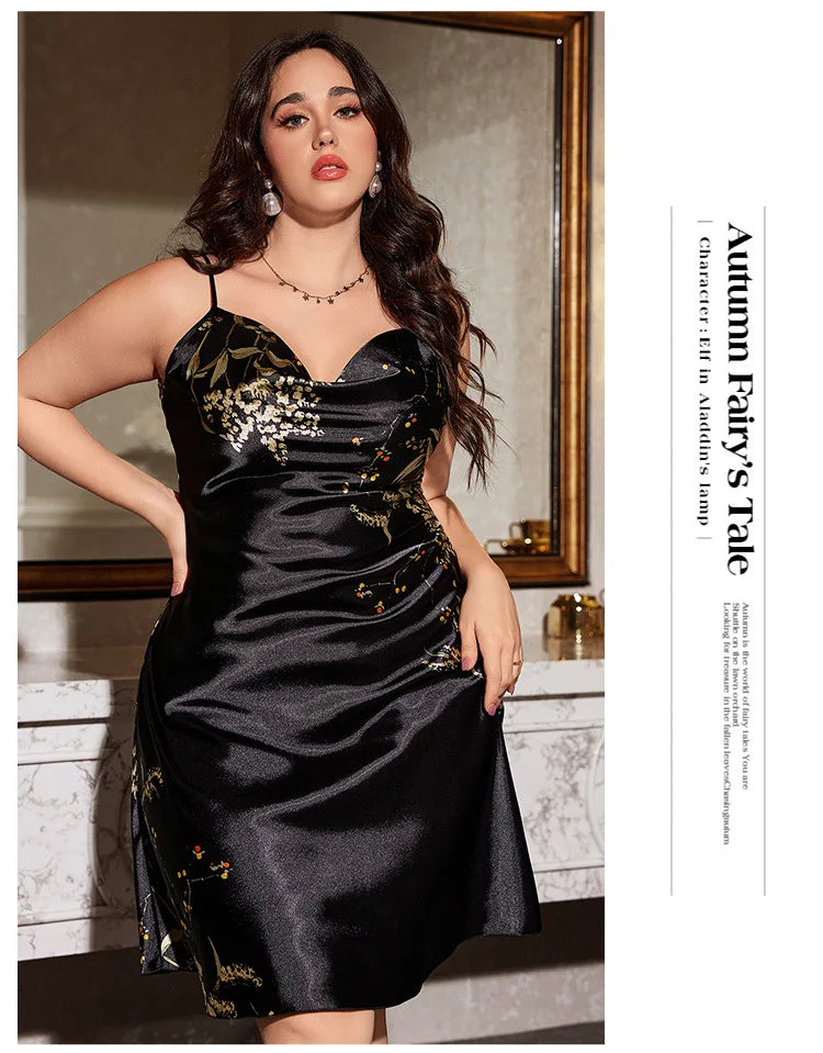 British Plus Size Soft Silk-Like Slip Sexy Printed Minimalist Loose Dress