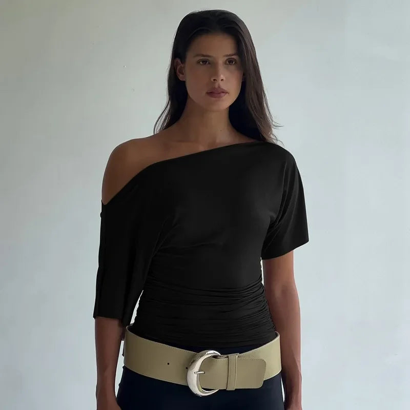 Weequahic One Shoulder Fashion Slim Shrink Sleeve Solid Pullover Tops