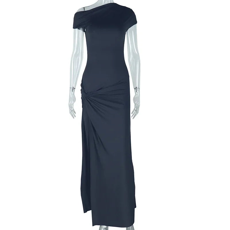 Milan Skew Collar Ruched Sexy Street Slim Evening Night Club Long Maxi Dress